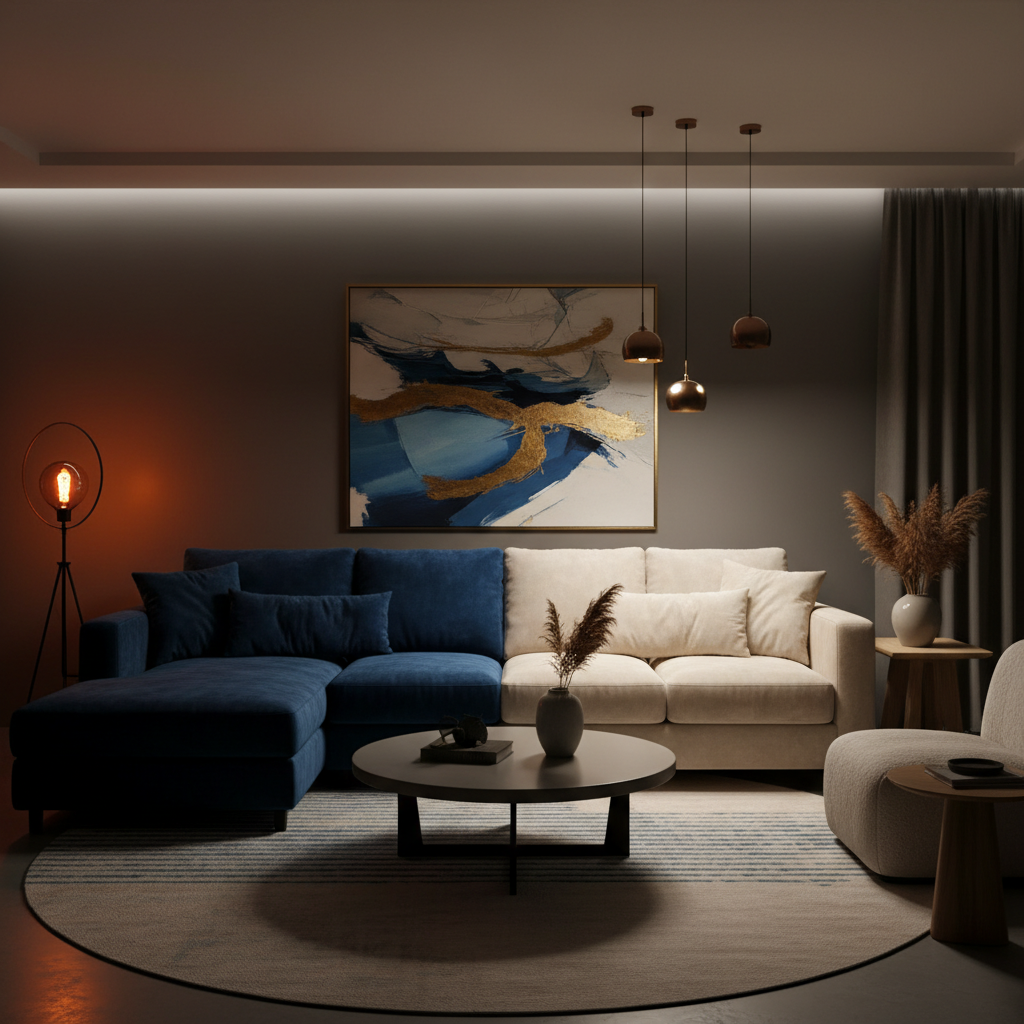 소파가 왼쪽은 블루, 오른쪽은 크림색으로 분리된 듀얼 존 사진