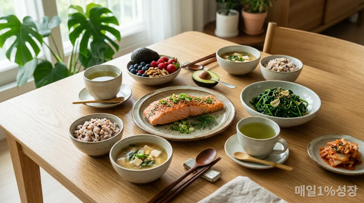 연어, 시금치, 아보카도, 녹차 등 코르티솔 수치를 낮추는 건강한 음식들이 차려진 한국식 식탁