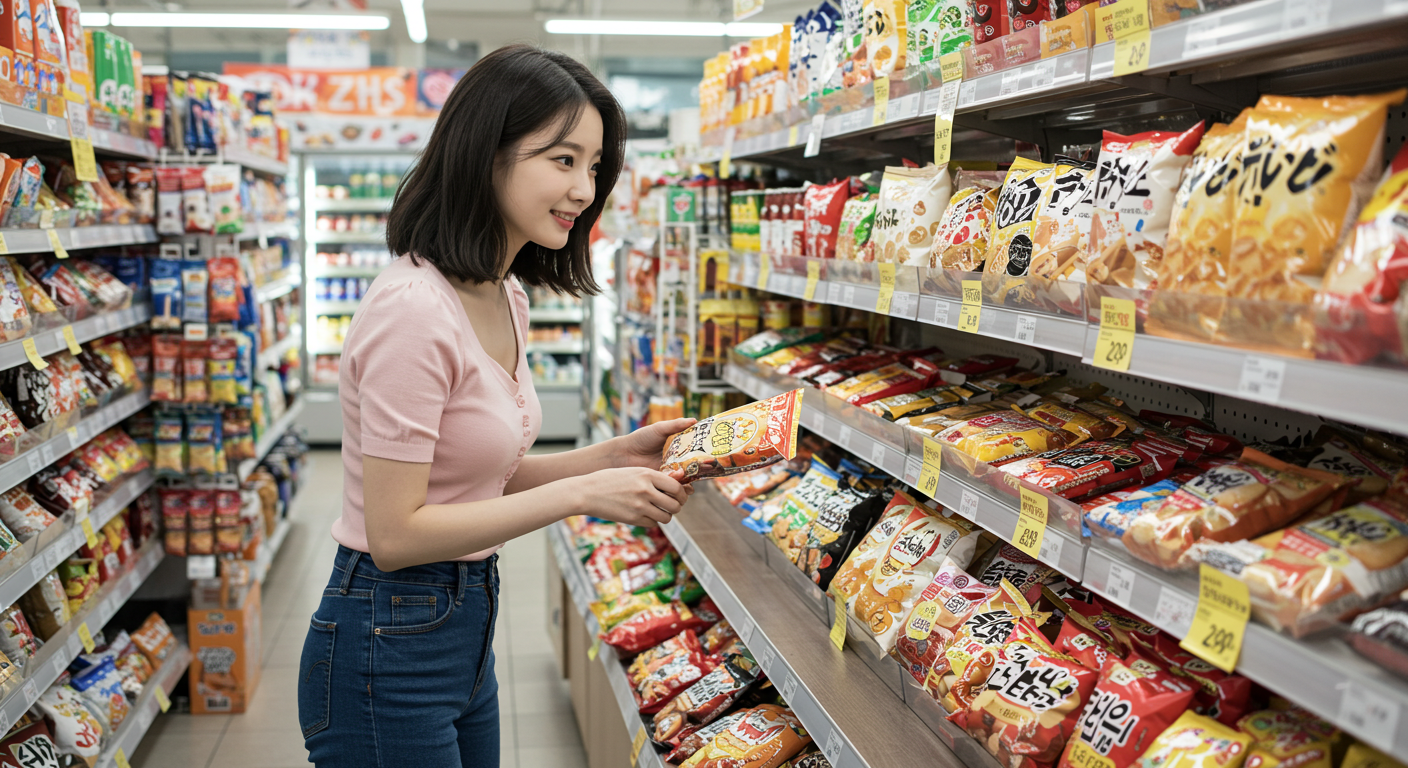 편의점에서 과자를 고르는 한국인