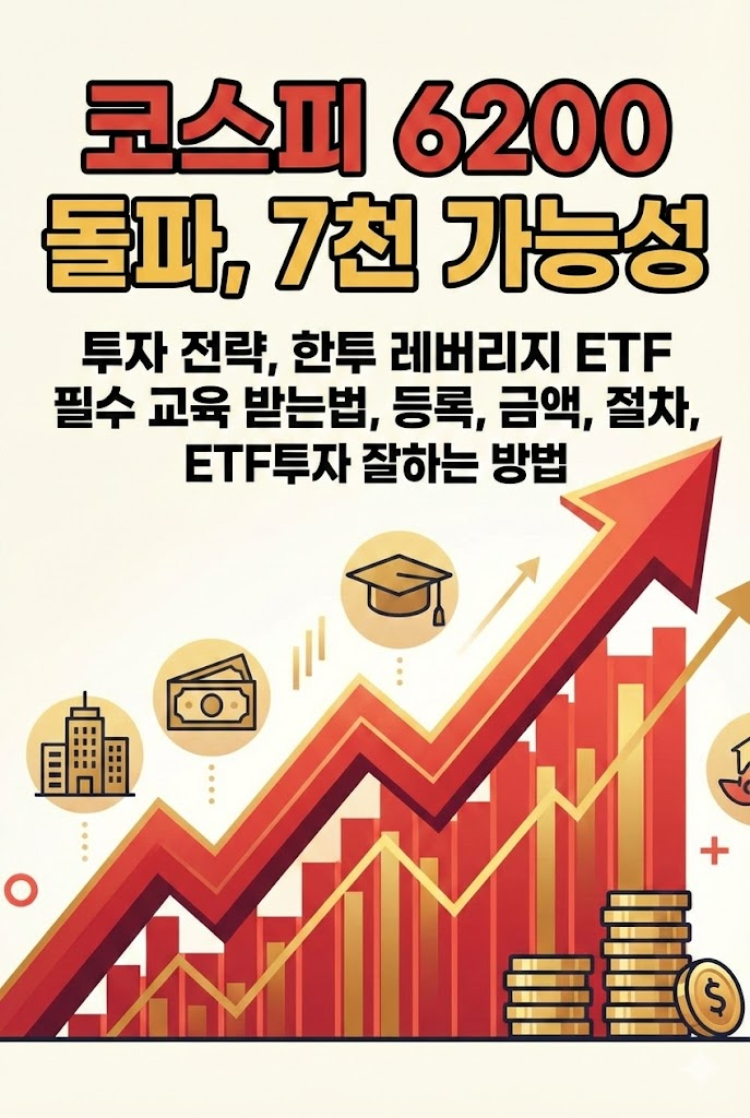 코스피 6200 돌파, 7천 가능성, 투자 전략, 한투 레버리지 ETF 필수 교육 받는법, 등록, 금액, 절차, ETF 투자 잘하는 방법