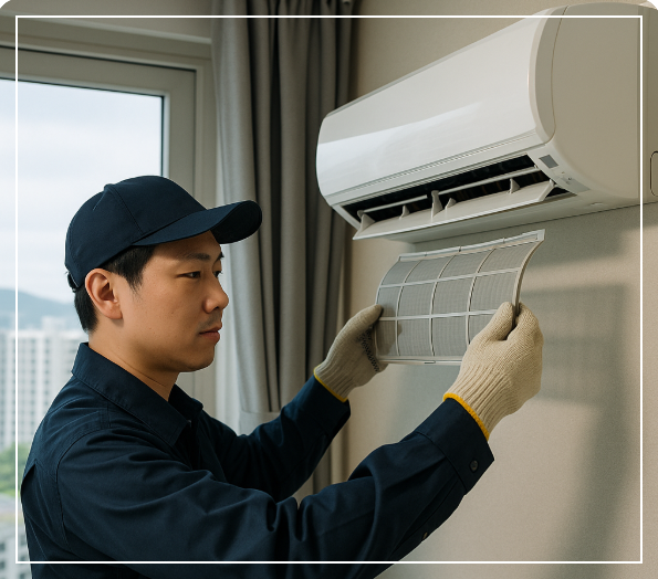 전남 여수의 고층 아파트에서, 벽걸이형 에어컨 필터를 세심하게 분리 중인 한국인 청소 전문가의 집중된 작업 장면입니다.