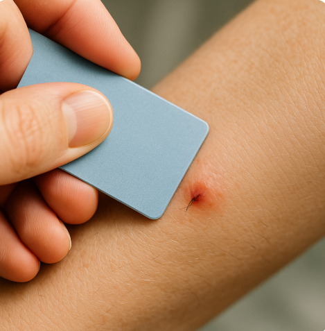 벌에 쏘인 부분의 벌침을 신용카드로 밀어내 제거하는 모습