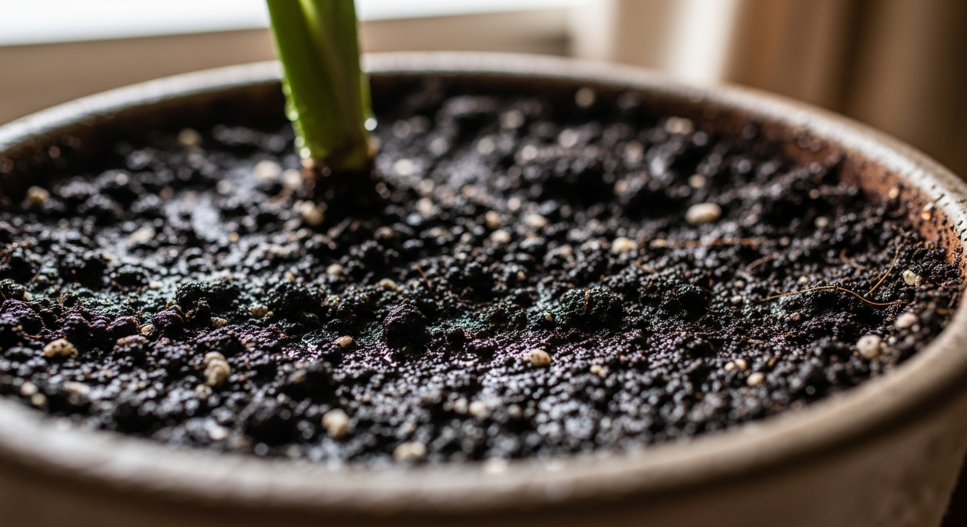 흙이 마르지 않고 촉촉한 상태의 실내 식물 화분 모습