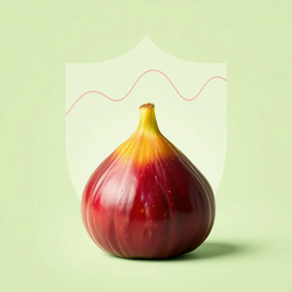 혈당 그래프가 무화과 열매 위에서 완만하게 유지되는 모습을 보여주거나, 무화과가 혈당 스파이크를 막아주는 방패 역할을 하는 이미지입니다. 안정적이고 균형 잡힌 느낌을 주는 색상을 사용합니다.