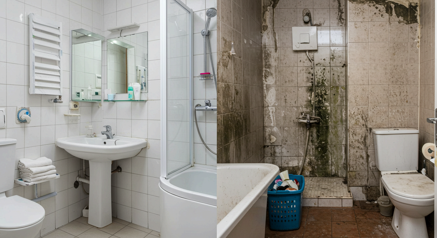 왼쪽은 깨끗하게 정리된 화장실, 오른쪽은 곰팡이와 오염이 심한 화장실로 구성된 비교 이미지. 욕실 청소, 위생 관리, 곰팡이 제거 또는 리모델링의 필요성을 보여주는 장면.