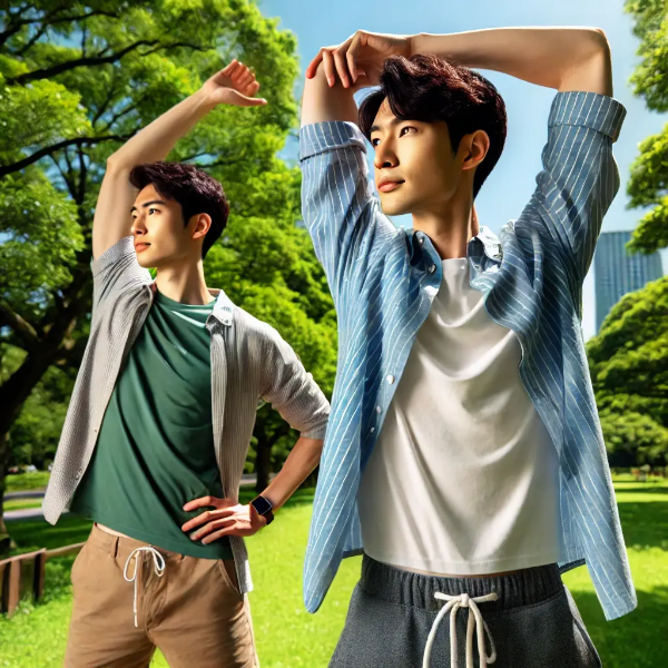 다이어트 부작용 예방을 위해 야외에서 스트레칭하는 동양인 남성