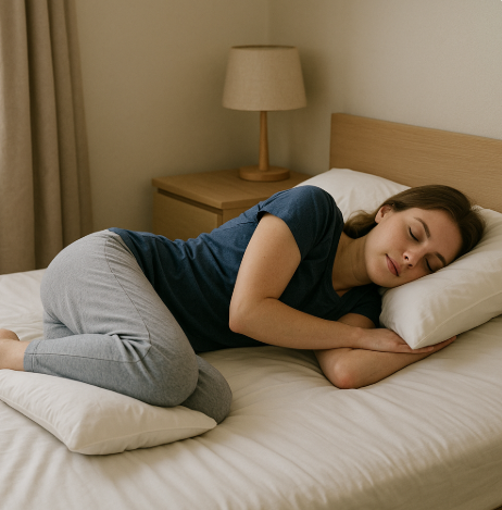 왼쪽으로 누워 무릎을 살짝 굽혀 발목아래 베개를 넣은 수면자세을 취하고 있는 여성의 모습