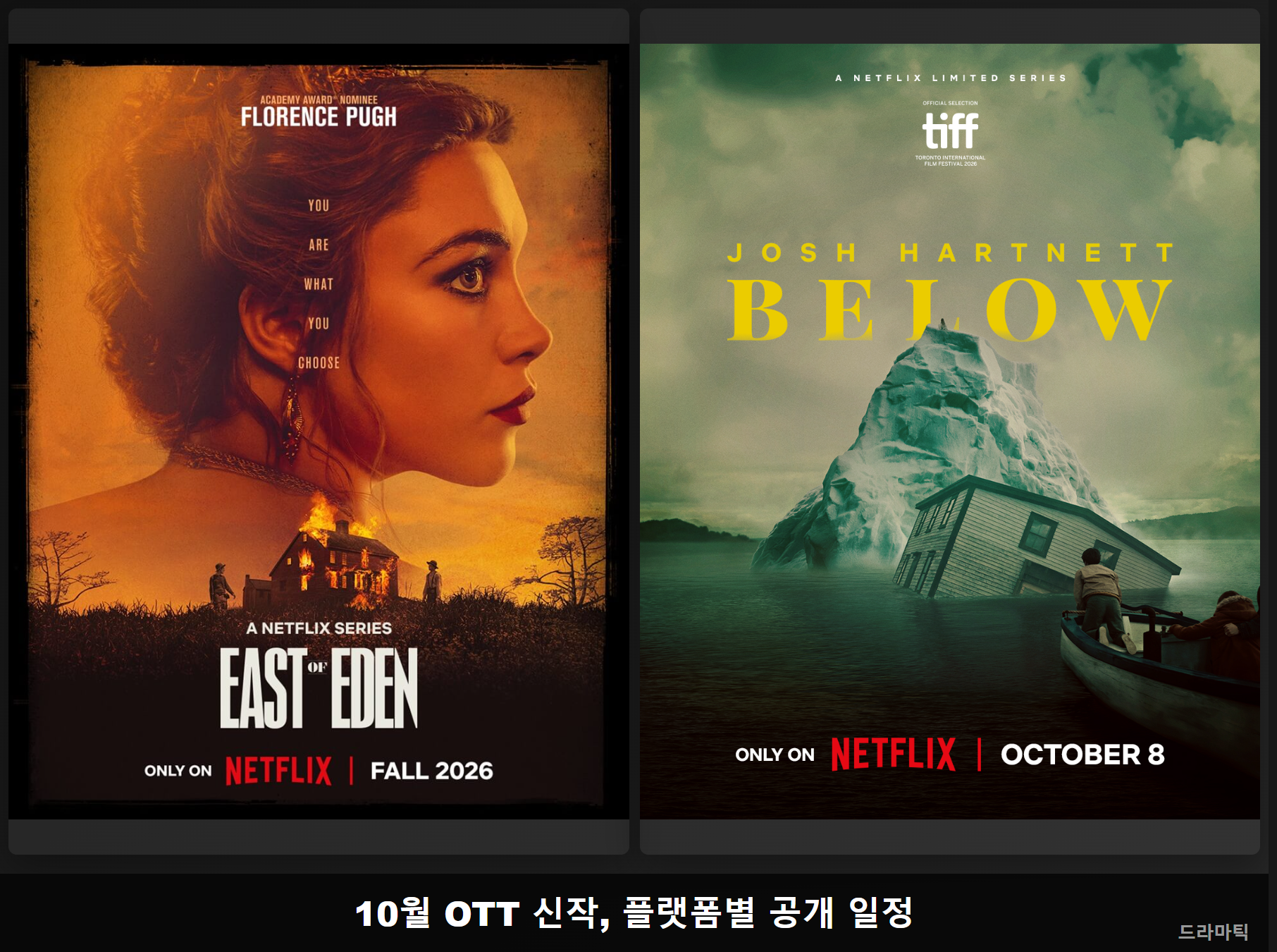 포스터/키아트 자료: East of Eden 2026 · Below 2026(ShowbizJunkies, Bloody Disgusting) · 비교 편집: 드라마틱