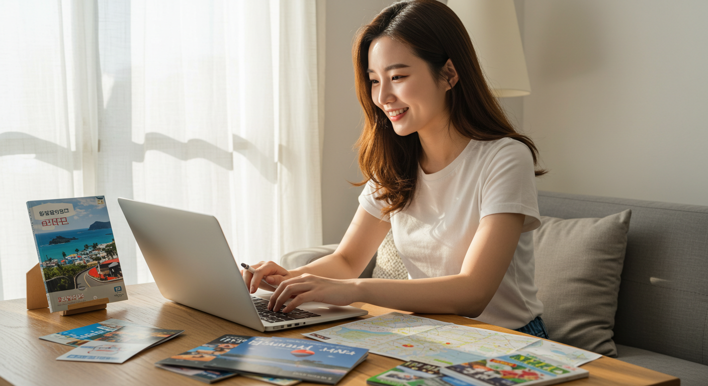 제주 한 달 살기를 위해 숙소, 렌터카, 로컬 시장 정보를 확인하며 합리적으로 준비하는 여성
