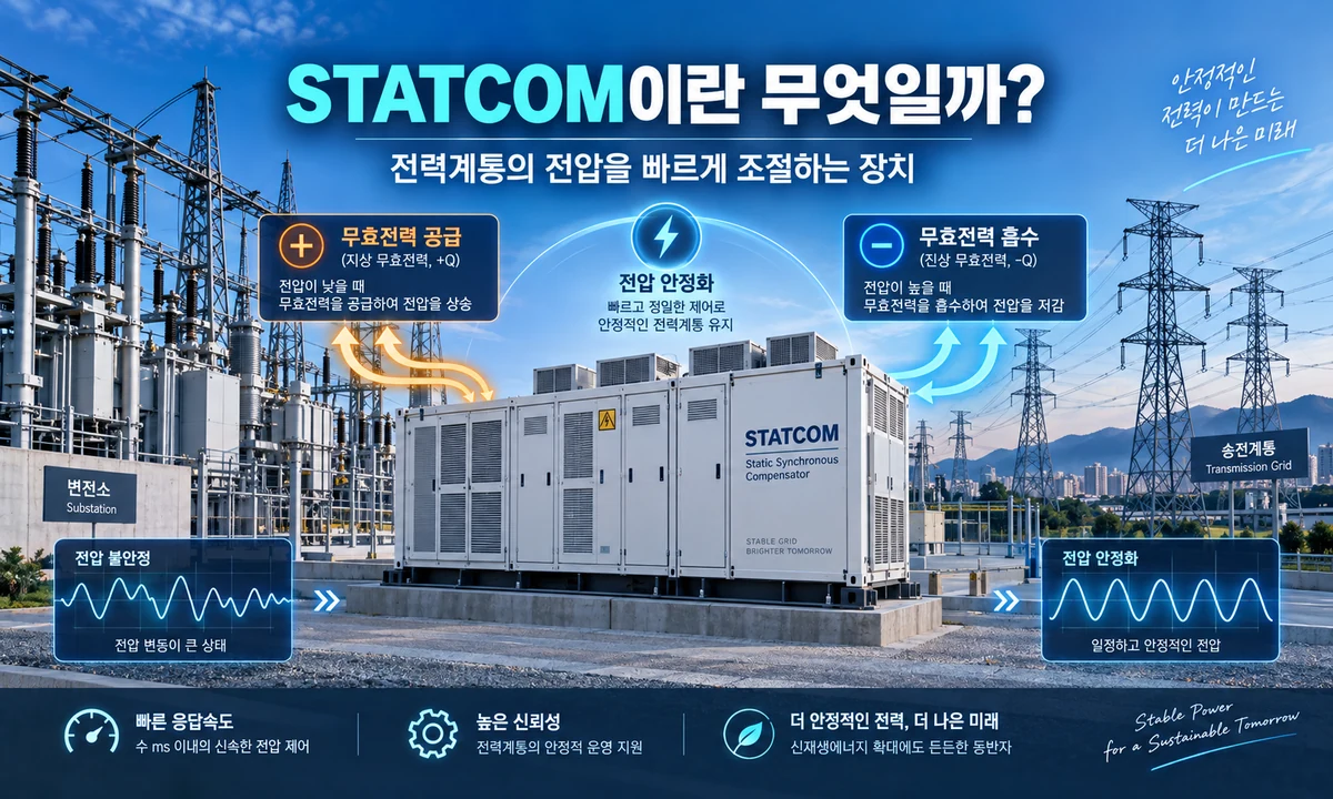 STATCOM이 무효전력을 공급하고 흡수해 전력계통 전압을 안정화하는 원리를 설명한 인포그래픽