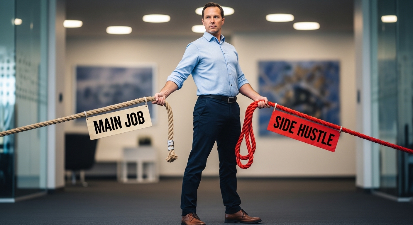 '본캐(회사원)'라는 줄과 '부캐(기술/취미)'라는 '두 개의 줄'을 양손에 쥐고 든든하게 서 있는 중년의 모습