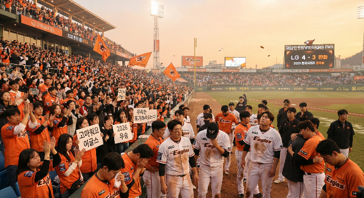 2025 한국시리즈 준우승 후 그라운드에서 아쉬워하는 한화 이글스 선수들