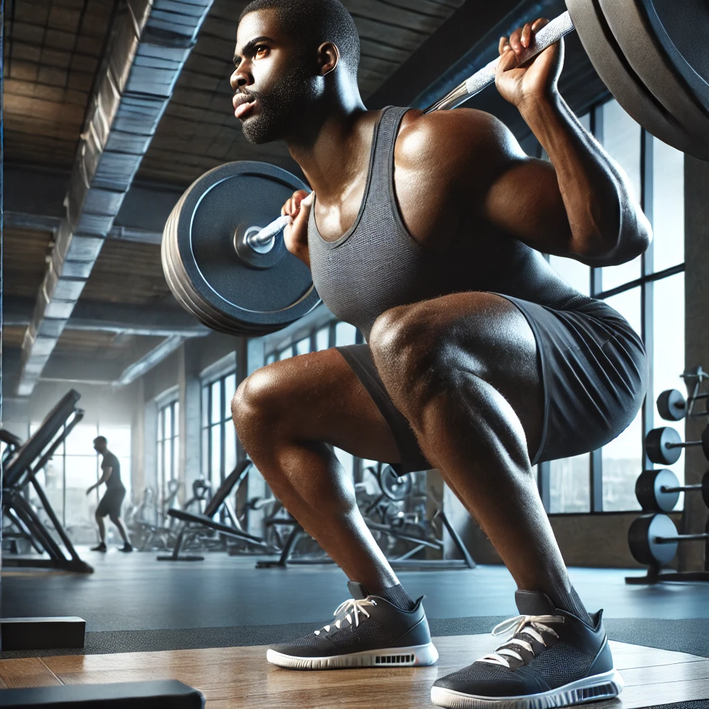"하체 근육이 발달한 흑인 남성이 체육관에서 스쿼트 운동을 하는 모습, 강한 집중력과 힘이 느껴지는 장면"