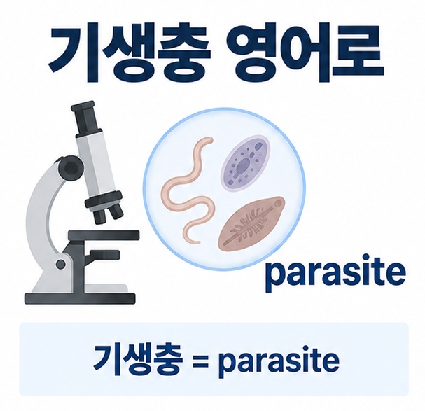 현미경과 기생 생물 아이콘을 배경으로 기생충 영어로라는 글자가 중앙에 놓이고 parasite 단어가 함께 표시된 영어 학습 인포그래픽
