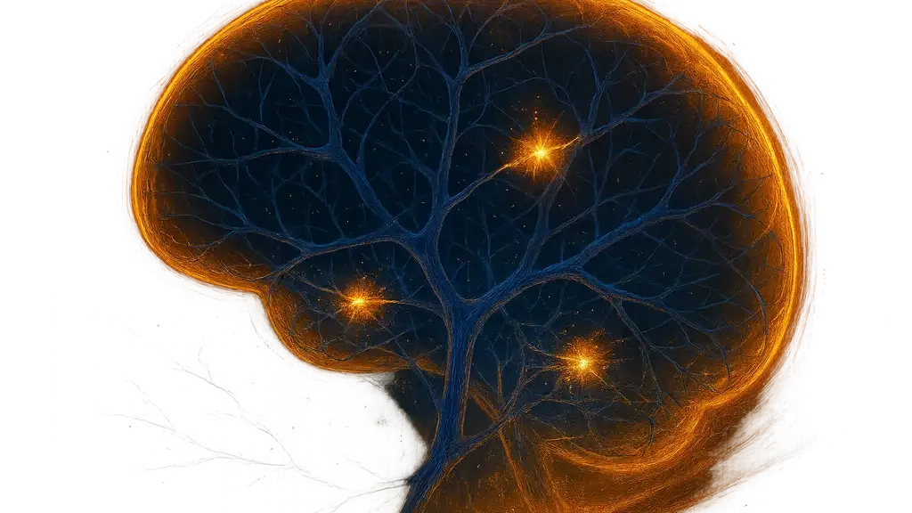 뇌 속 신경세포들이 연결되며 밝게 빛나는 모습을 통해 메타인지적 감사의 신경학적 변화를 상징적으로 표현한 이미지