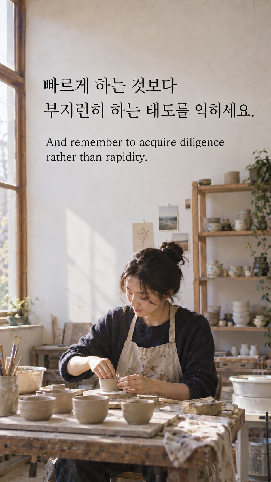 빠르게 하는 것보다 부지런히 하는 태도를 익히세요. &mdash; 작은 도예 작업실에서 형태를 반복 연습하는 성인 여성 한 명, 현대 캐주얼 작업복, 35mm 컬러 아날로그 필름 사진