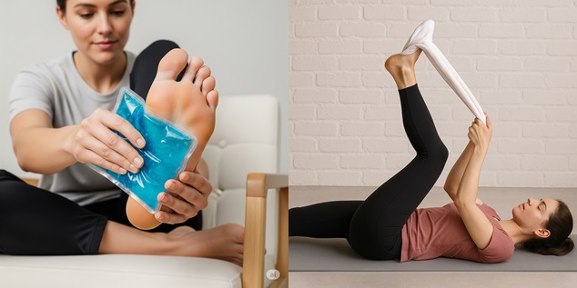 족저근막염, 자가치료법인 냉찜찔과 스트레칭하는 모습입니다.