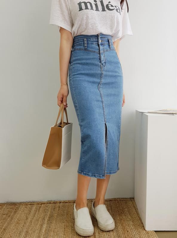 하이웨스트 스판 미디롱 데님스커트 79