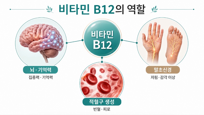 뇌와 말초신경, 적혈구를 연결해 비타민 B12의 역할을 보여 주는 인포그래픽