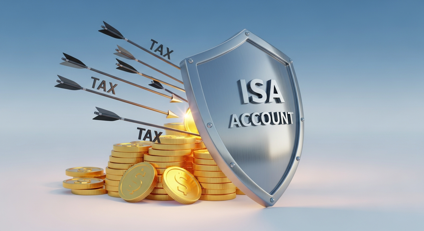 '세금' 화살로부터 금화를 보호하는 'ISA 계좌' 방패의 개념적 일러스트. 3D 렌더링, 깨끗하고 밝은 스타일, 비과세 혜택 상징.