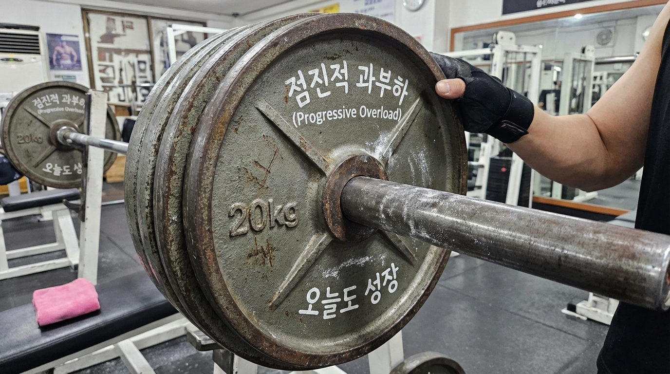 근성장을 위해 점진적으로 운동 무게를 높이는 과부하 원리 이미지