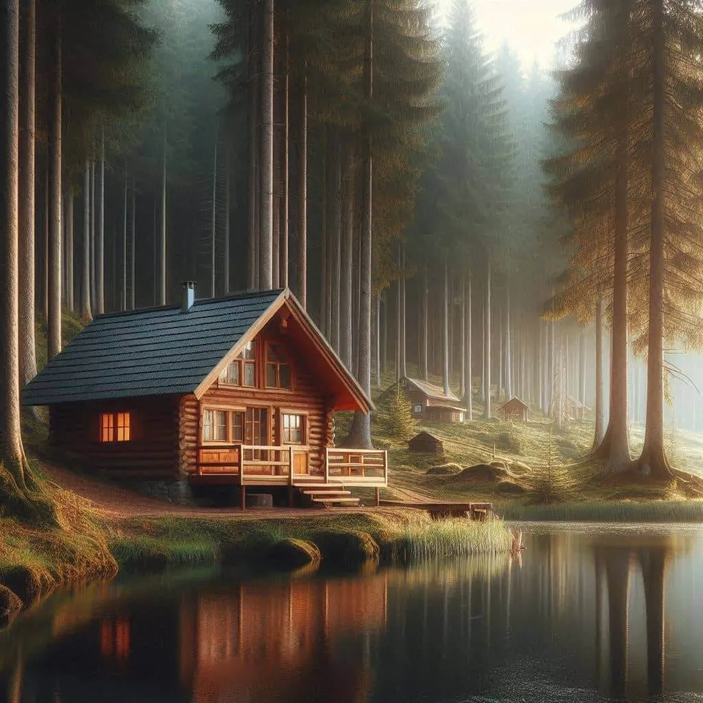 깊은 숲속 고요한 호숫가에 위치한 따뜻한 나무 오두막, 아침 햇살이 퍼지는 평화로운 자연 풍경