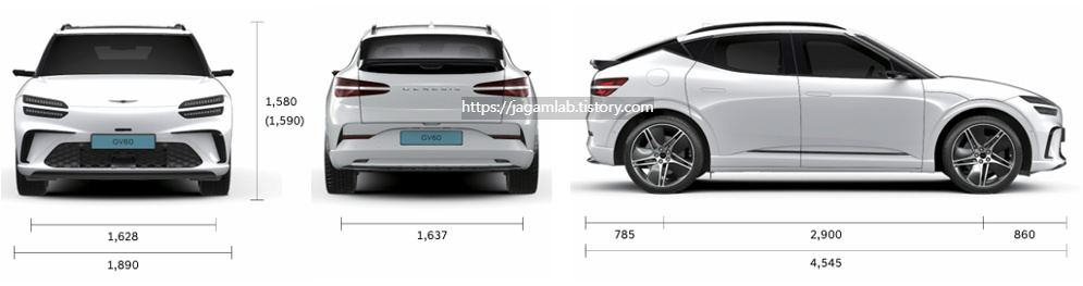 2027 GV60 전장, 전폭, 전고, 축거, 윤거 전후 제원