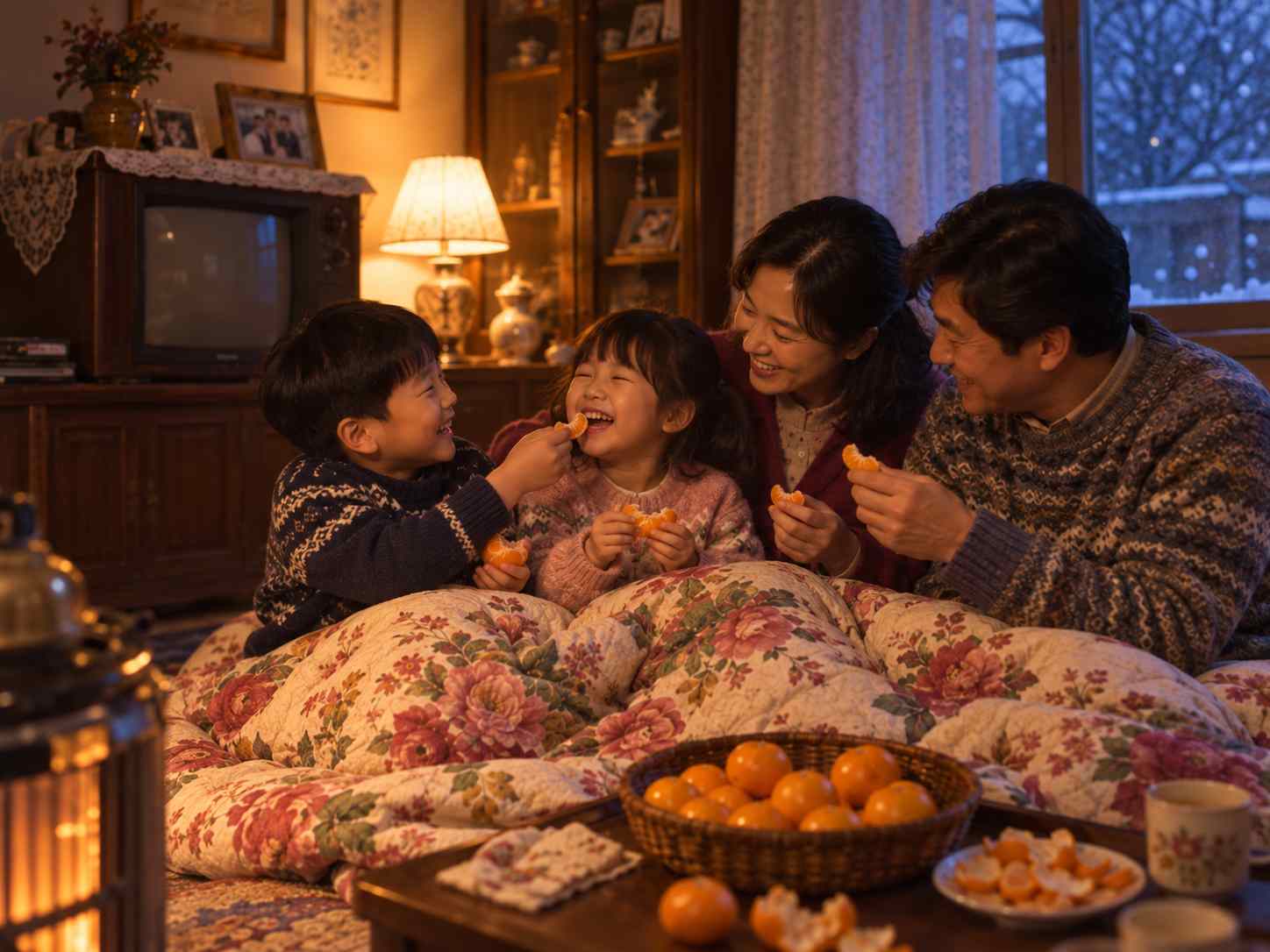 따뜻한 겨울 거실에서 가족이 꽃무늬 이불을 함께 덮고 귤을 까먹으며 웃는 모습