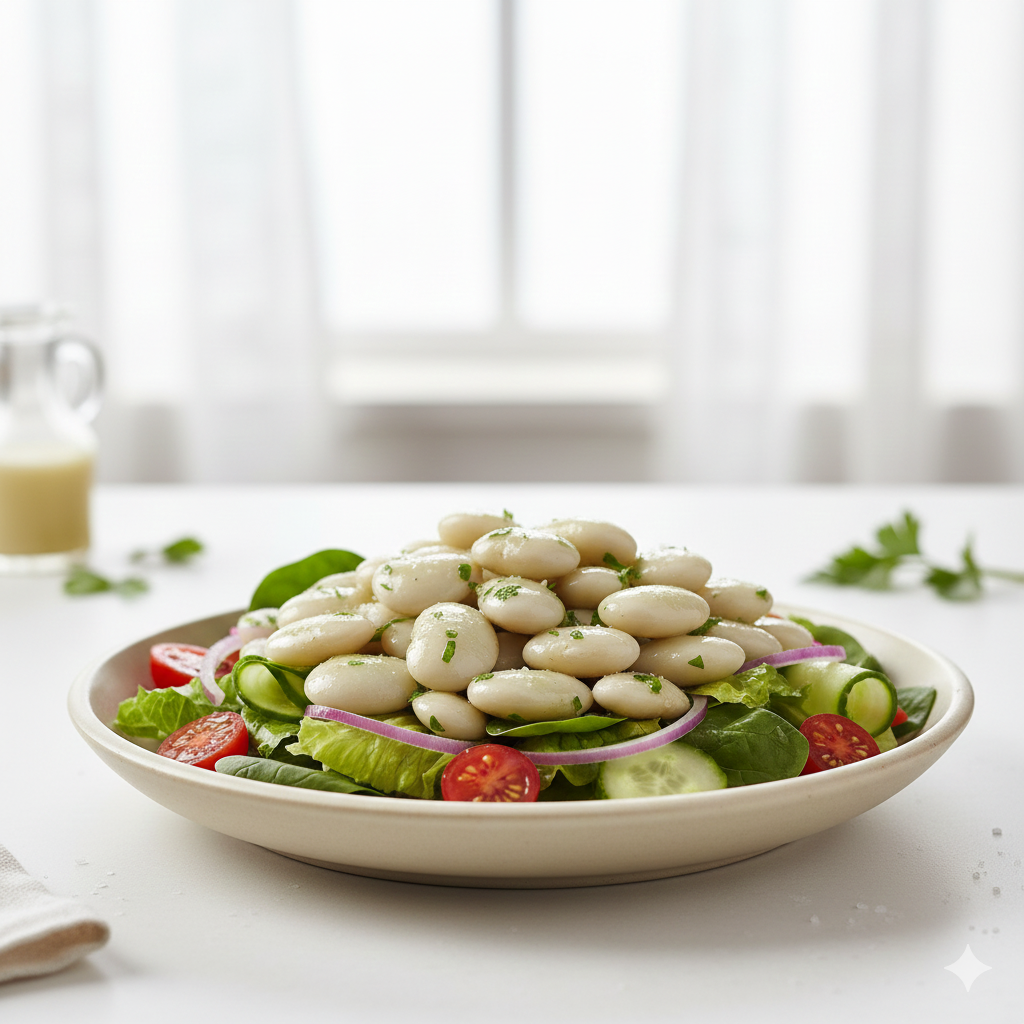 신선한 채소에 큼직한 리마콩을 올려 든든한 포만감을 주는 리마콩 샐러드