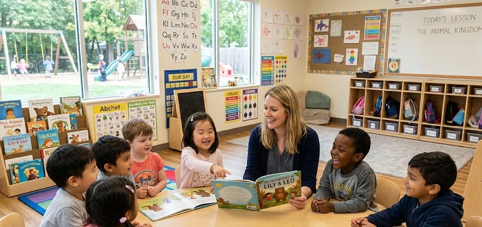 영어유치원 수업 시간. 원어민 교사와 아이들이 영어 책을 읽으며 즐겁게 소통하고 있다