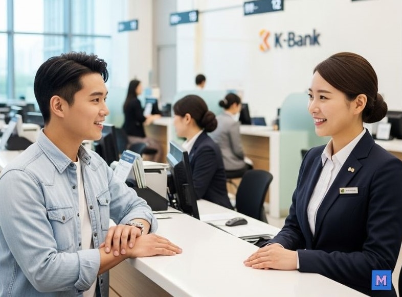 청년도약계좌 신청을 위해 은행 창구에서 밝게 웃으며 상담받는 젊은 남성과 전문적인 은행 직원의 모습 via Gemini