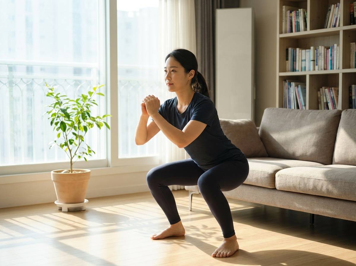 밝은 거실에서 스쿼트 자세를 취하고 있는 건강한 성인의 모습
