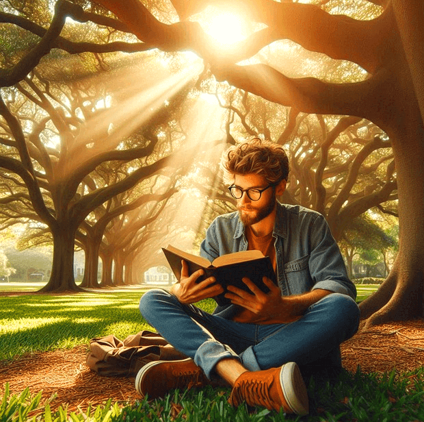 갈색머리 백인남자가 나무 아래에 앉아 성경을 읽고 있다. 나무 사이로 밝은 햇살이 비춘다.