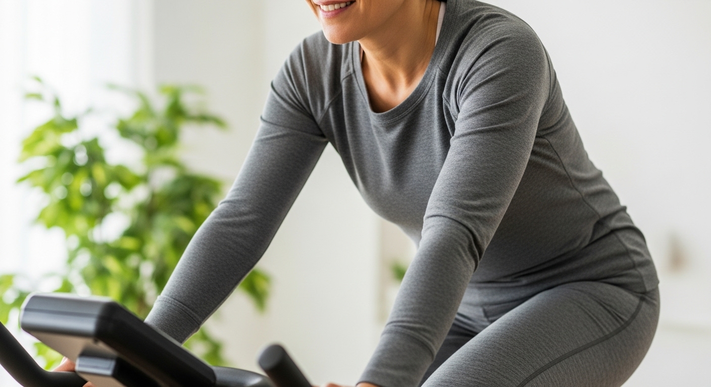 40대 여성이 실내 자전거를 타는 모습. 무릎 관절에 부담 없이 운동하는 자세가 돋보입니다.