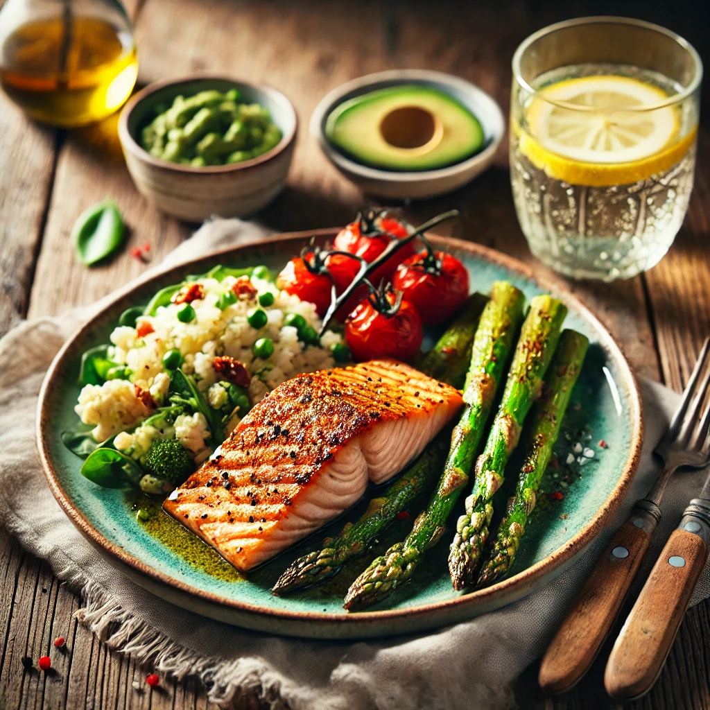 구운연어와 아스파라거스, 콜리플라워, 아보카도 , 구운토마토, 레몬수 등으로 차린 저탄수 식단
