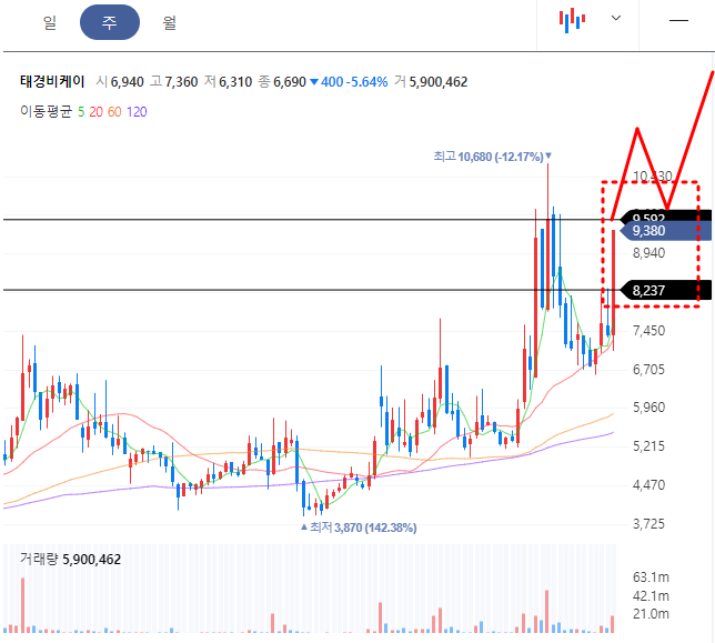 태경비케이 주봉차트