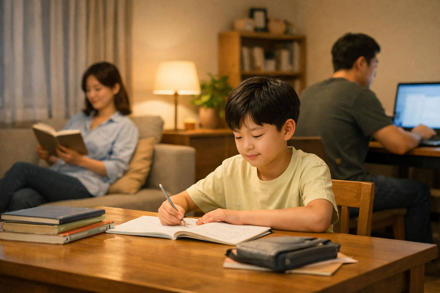 집에서 차분한 분위기 속에서 숙제를 하는 아이와 같은 공간에 있는 부모의 모습