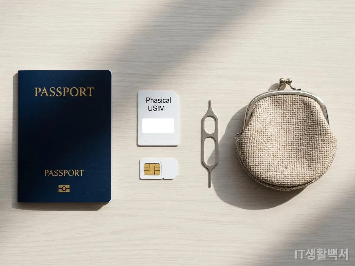 여행 준비물로 챙긴 물리 유심 카드와 유심 교체 핀, 여권이 놓인 테이블