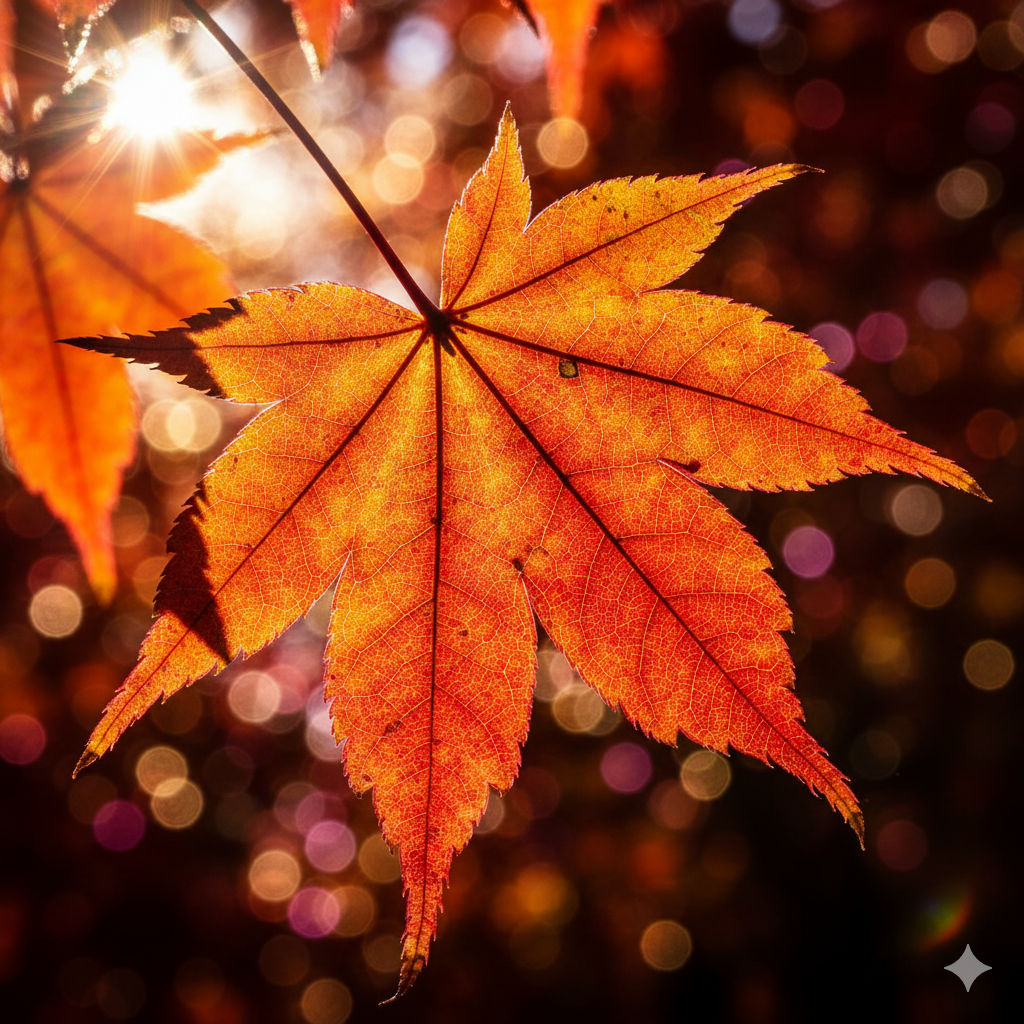 가을 단풍이 아름답게 들어 있는 숲 속의 빨간 단풍잎의 역광 이미지.