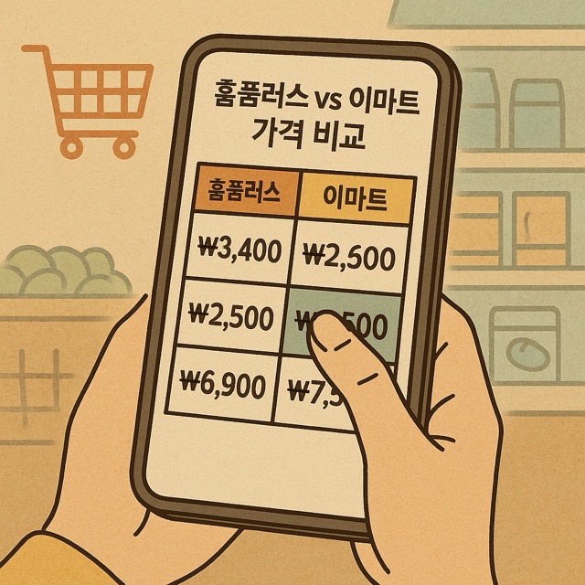마트에서 장보기 앱으로 가격 비교하는 손