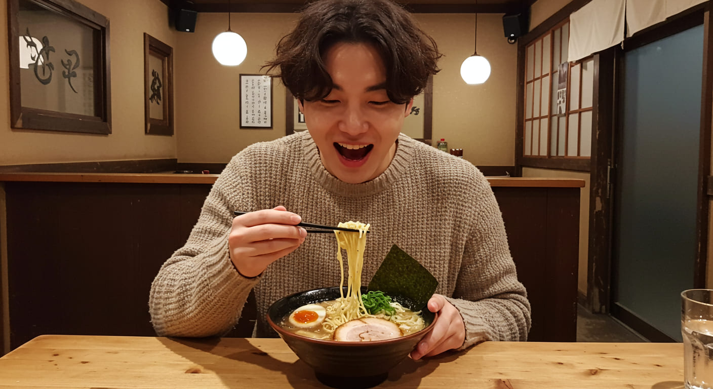 일본 라멘을 맛있게 먹고 있는 귀여운 한국인 남성