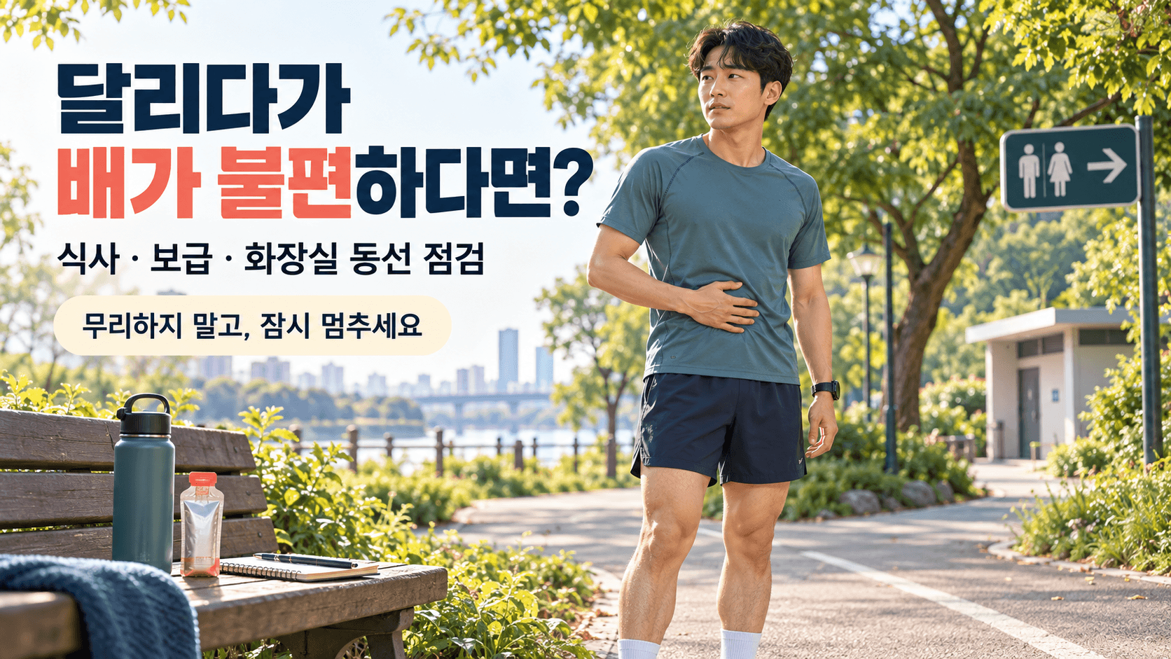 복부 불편함으로 달리기를 멈춘 러너와 공원 화장실 안내 표지를 배치하고, 식사·보급·화장실 동선 점검을 강조한 러닝 가이드 이미지