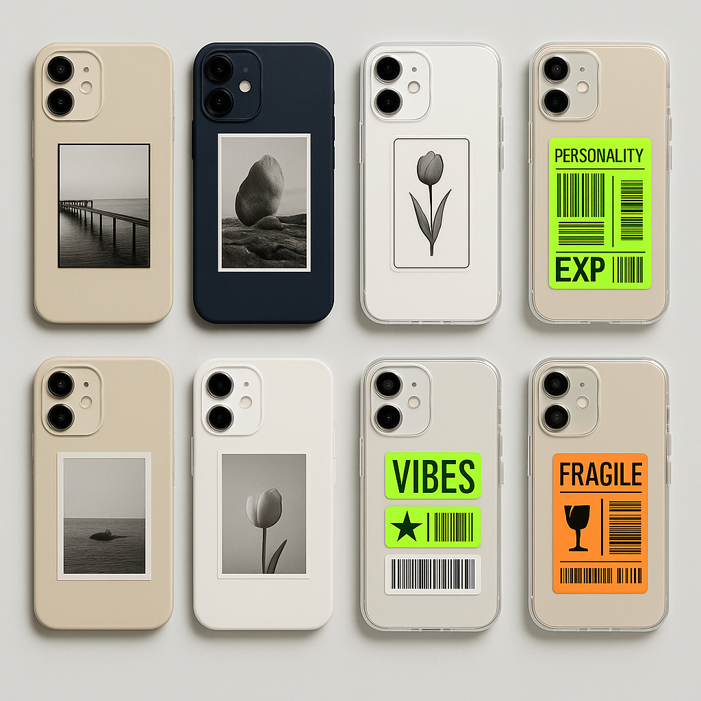 좌측에는 솔리드 네이비·베이지·화이트 베이스 케이스 네 개가 흑백 정물 사진 인서트로 꾸며져 있고, 우측에는 투명·샌드 베이스 케이스 네 개가 네온 라벨과 바코드풍 스티커로 장식되어 있어 ‘질서와 자유’의 대비가 드러남