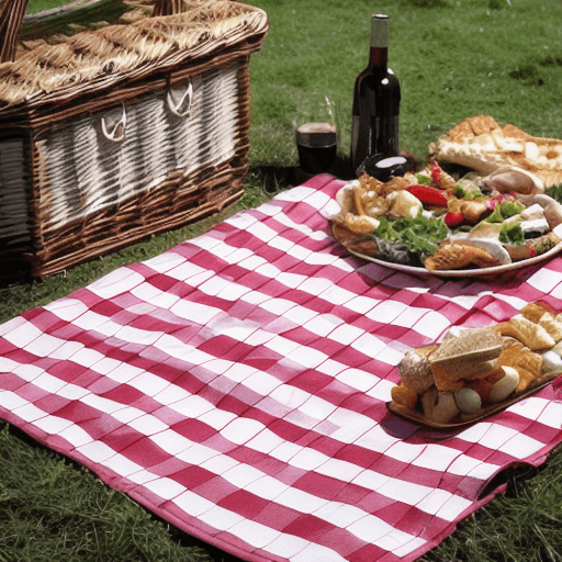 잔디위 펼쳐진 빨간색 체크무늬 돗자리