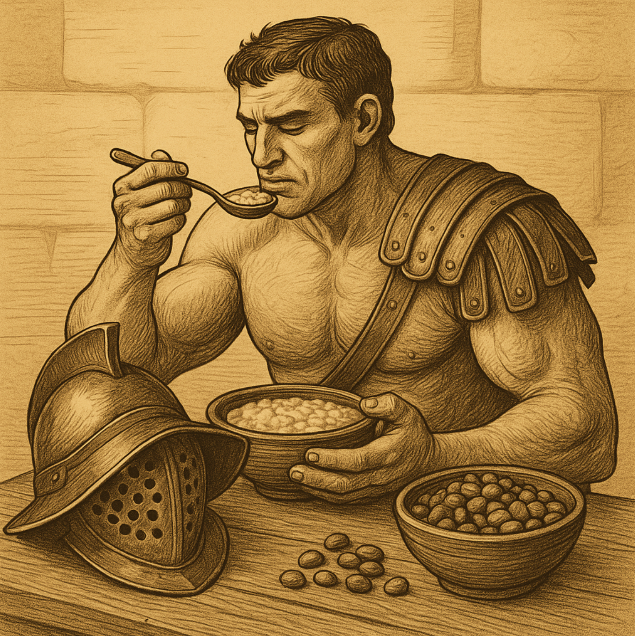 고대 로마 글래디에이터가 투구를 벗고 보리죽을 먹으며 단백질을 섭취하는 장면