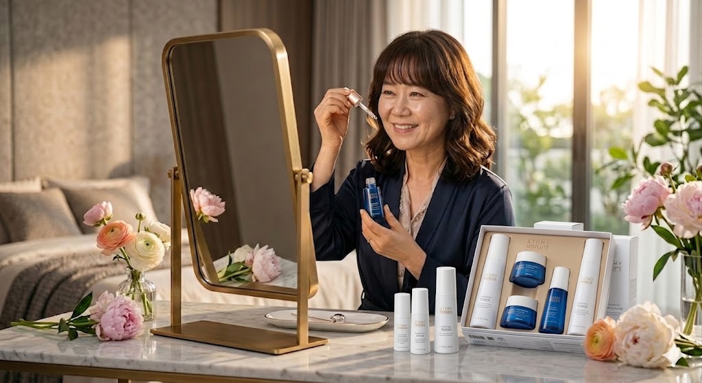 토요일 아침, 화장대 앞에서 앱솔루트 셀랙티브를 바르며 하루를 준비하는 리더의 우아한 모습.