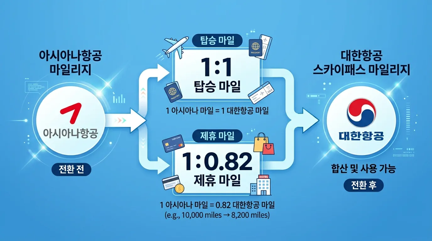 아시아나 마일리지를 대한항공으로 전환하는 과정을 보여주는 다이어그램