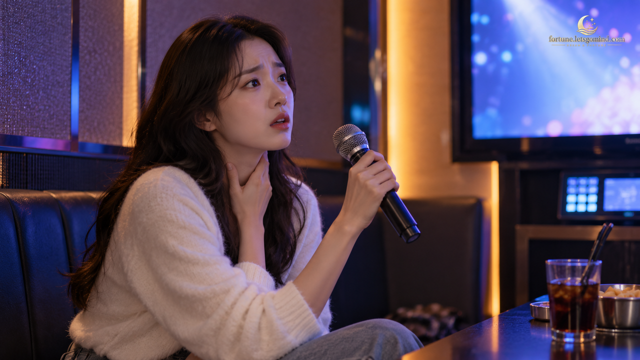 작은 노래방에서 마이크를 들었지만 목소리가 나오지 않아 당황한 꿈 장면