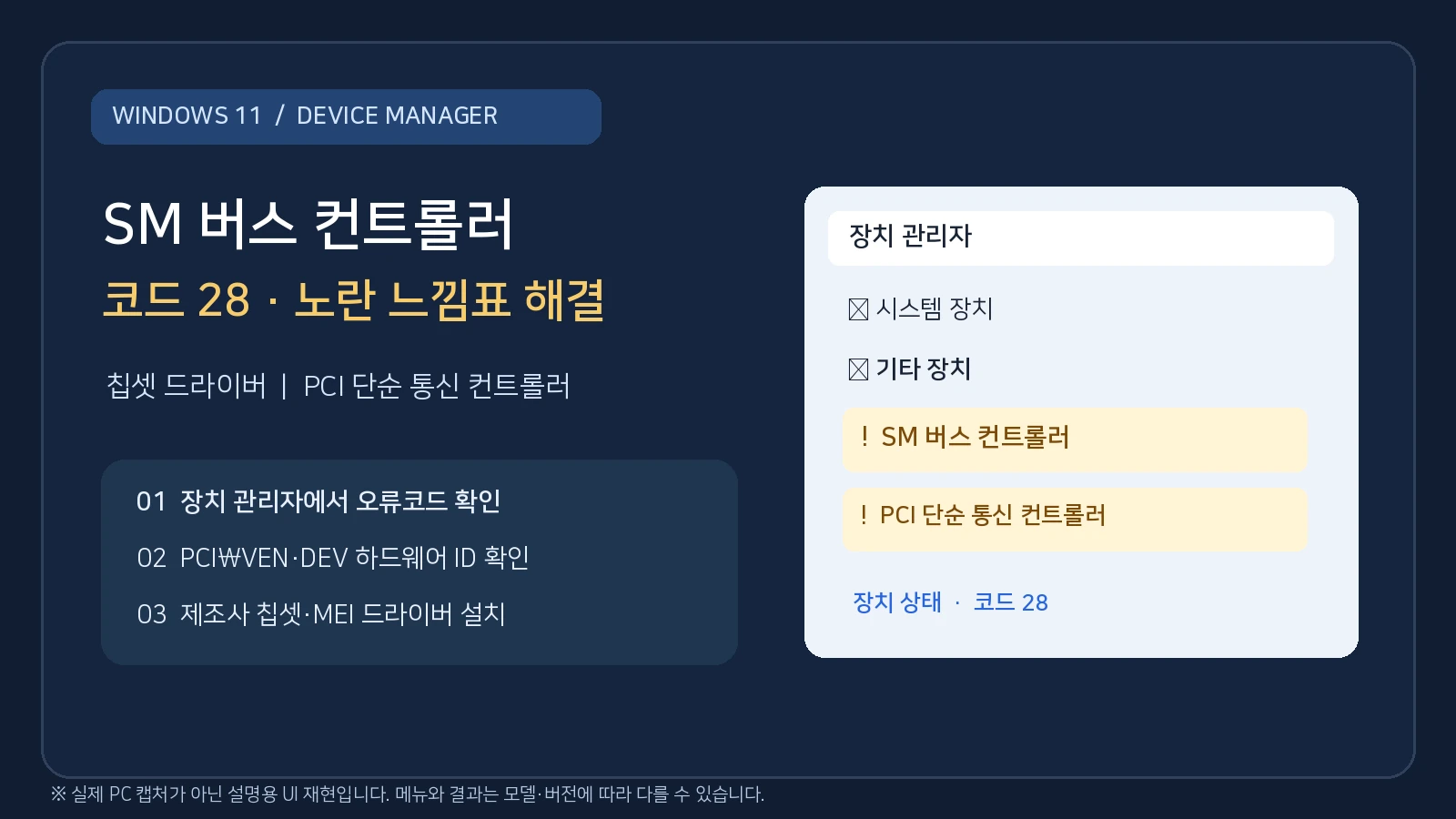 SM 버스 컨트롤러 드라이버 설치 윈도우11 장치 관리자 코드28 노란 느낌표 오류 해결방법