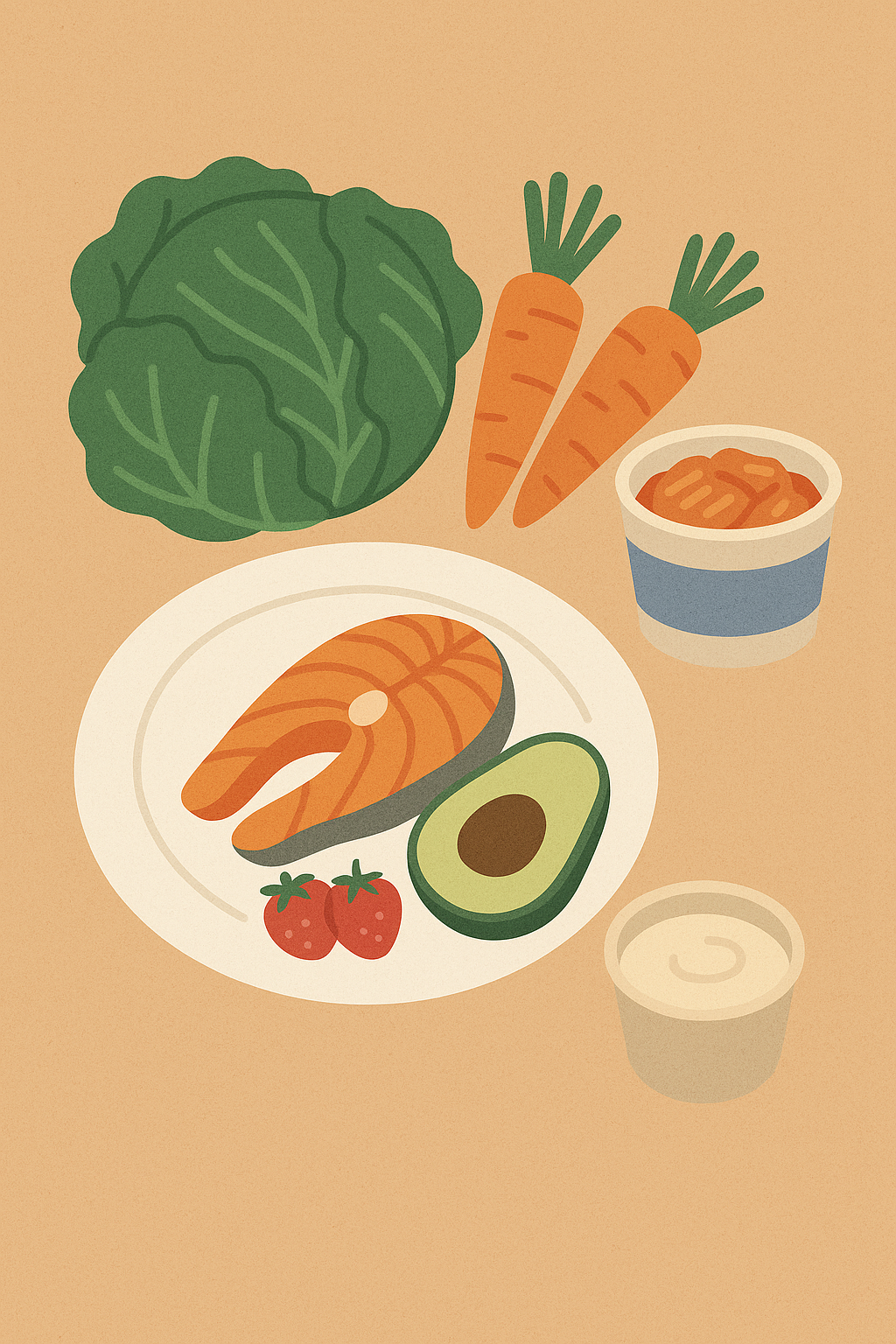 2. 피부에 좋은 식단
제철 채소, 오메가3 풍부한 생선
발효식품: 된장, 김치, 요구르트